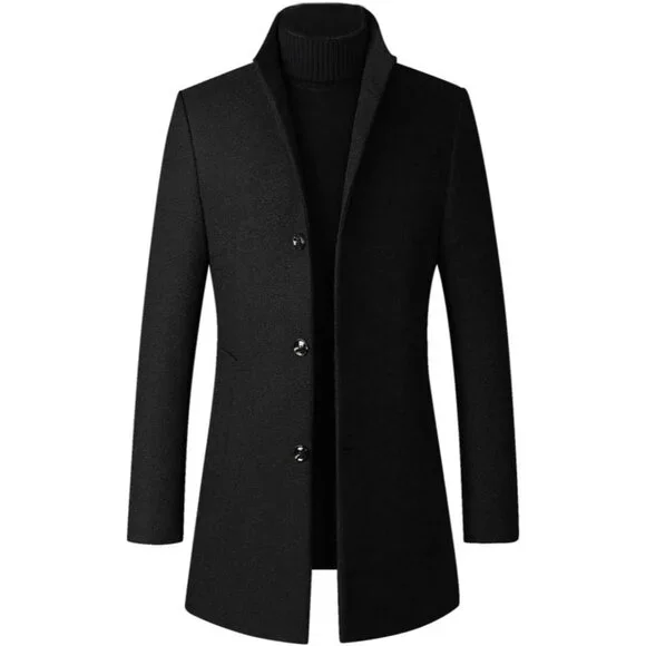 Men's Black Trench Coat Coat Single Breasted Business Overcoat - Picture 1 of 6